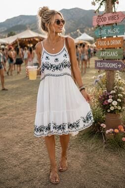 Boho Daze White Embroidered Rayon Sundress Medium Boho Festival Tiered Dress